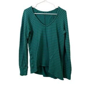 Green Striped vneck sweater pullover top long sleeved cotton shirt warm comfort